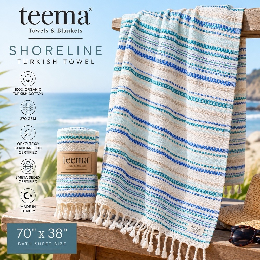 Teema Shoreline Turkish Towel Organic Cotton Blue Aqua 70x38 Beach Bath Throw